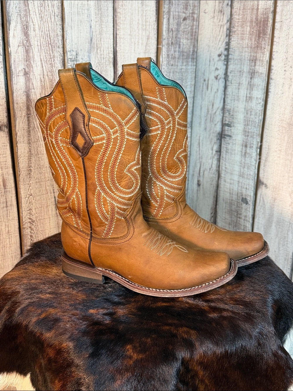 Corral Tan Leather Western Boots with Turquoise Lining